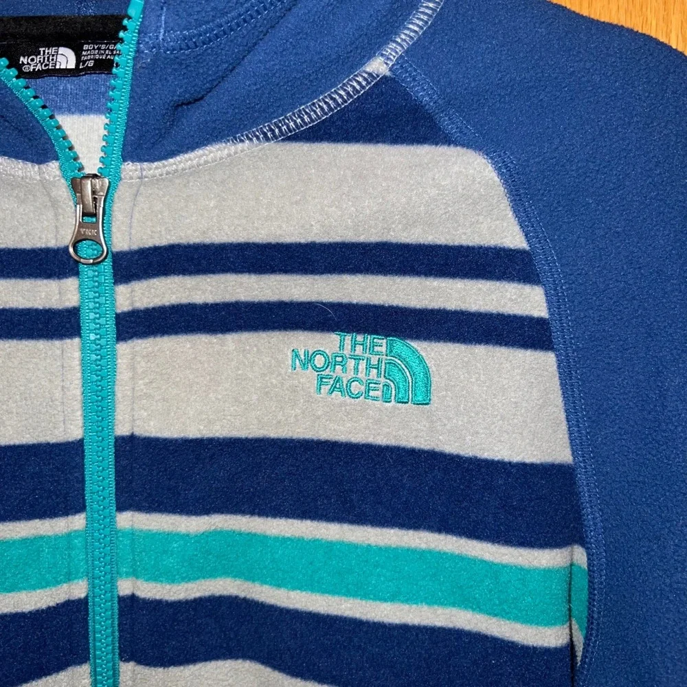 The North Face Fleece Hoodie Boys L 14/16 Blue Striped Full Zip Excellent Jacket